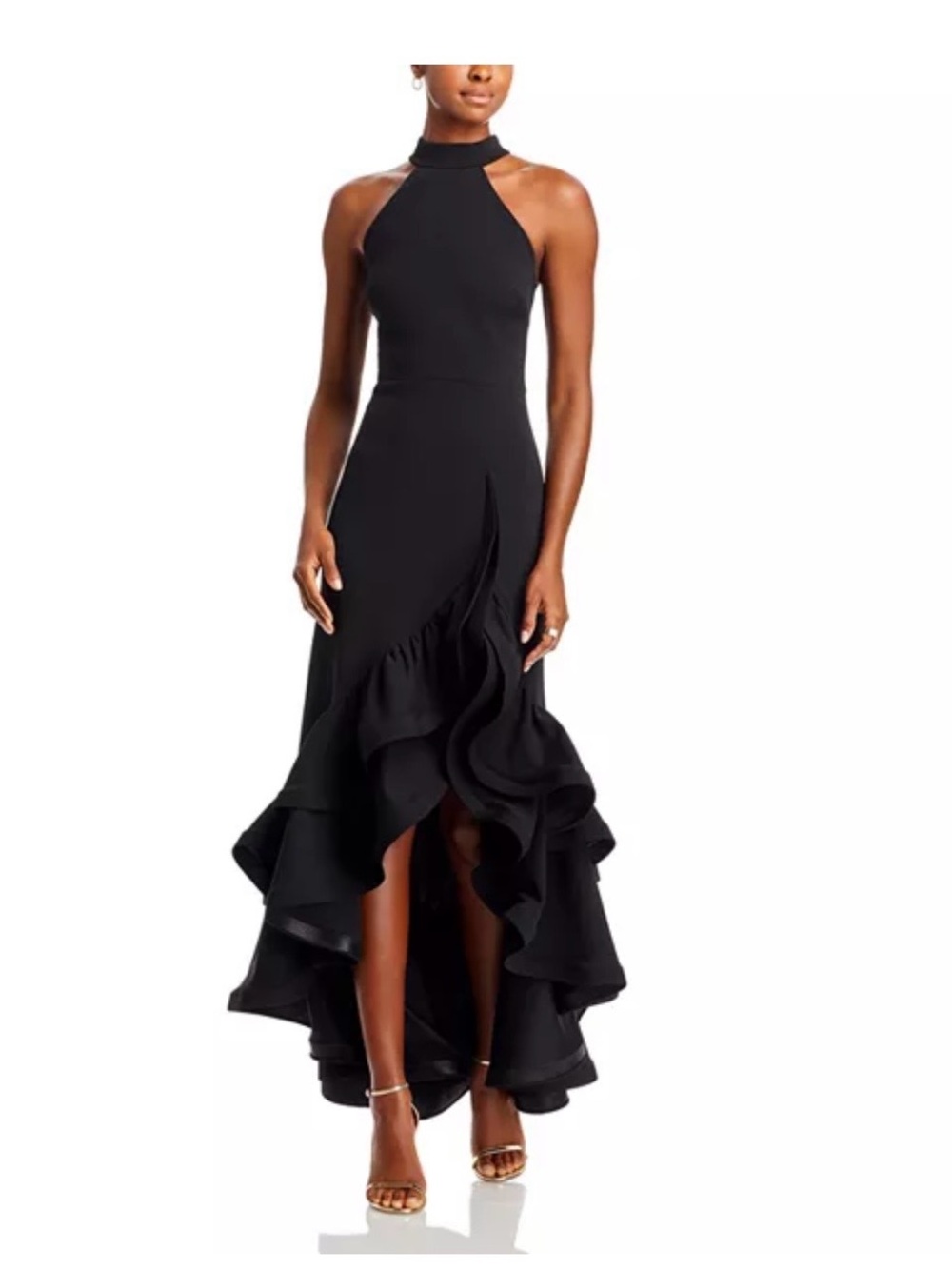 Aqua Racerback Black High-Neck Ruffle High-Low Gown Dress 8